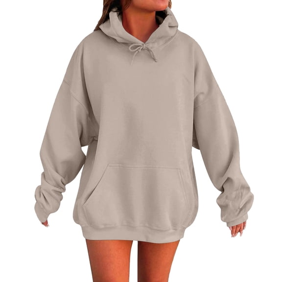 Women's Plus Size Oversized Solid Color Hooded Cotton Sweatshirt Pullover with Long Sleeve, 2025 Winter and Fall Fashion Tops for Trendy Casual Streetwear Outfits, Daily Wear Khaki XXL