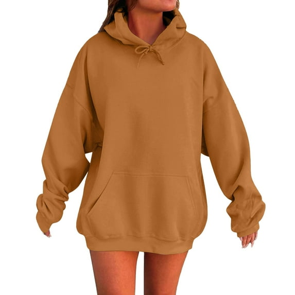 Women's Plus Size Oversized Solid Color Hooded Cotton Sweatshirt Pullover with Long Sleeve, 2025 Winter and Fall Fashion Tops for Trendy Casual Streetwear Outfits, Daily Wear Brown L
