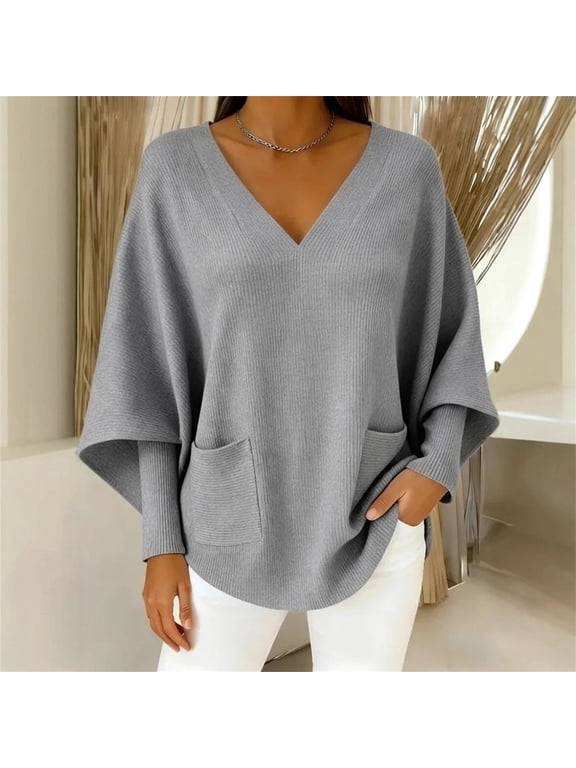 Women's Plus Size Oversized Sweater, V Neck Loose Fit Pullover, Long Sleeve Fuzzy Knit Top, Casual Fall Winter Tops, Soft Loungewear Sweater, Cozy Oversized Sweater for Women Grey S