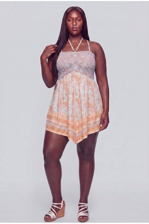 Women's Plus Size Paisley Border Print Smocked Detail Mini Dress