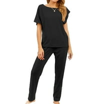 Women's Plus Size Pajama Set 2 Piece Cotton Lounge Set Short Sleeve Pants Set Soft Pjs Fall Sleepwear Summer Comfy Black Large