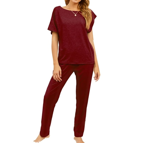 Women's Plus Size Pajama Set 2 Piece Cotton Lounge Set Short Sleeve Pants Set Soft Pjs Fall Sleepwear Summer Comfy Burgundy Large