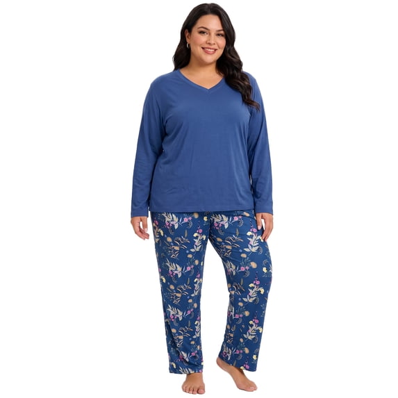 Plus Size Pajamas, PUTUO Women Pajamas Sets for Women, Soft Lightweight Long Sleeve V Neck Pjs Sets, Stretchy Print Sleepwear Loungewear, Navy Blue, 4XL