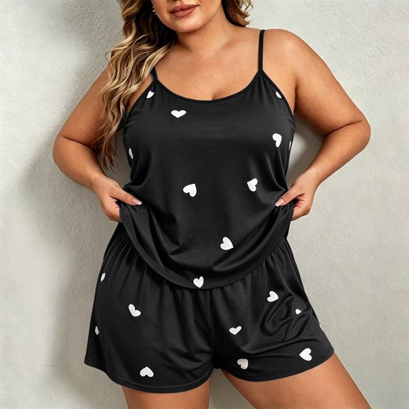 Women's Plus Size Pajama Set 2 Piece,Sleeveless Tank Top & Soft Shorts Lounge Wear,Comfy Summer Nightwear Casual Sleepwear for Home,Sleep,Daily Relax,Entertainment Black XL