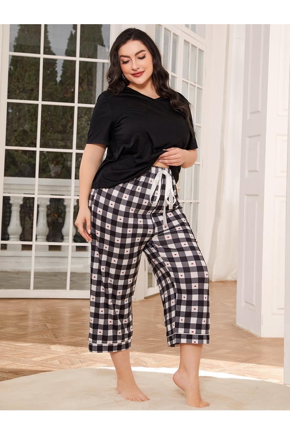 Plus Size Pajama Sets for Women 2 Piece Short Sleeves with Pocket and Checks Pans Lounge Sets, Sizes 1XL-5XL