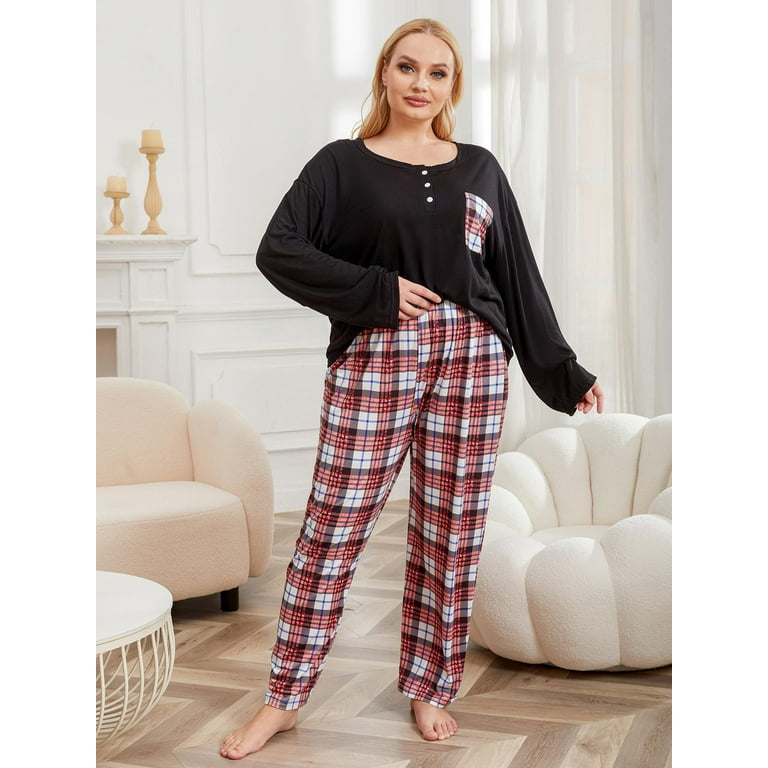 Women s Plus Size Pajama Set 2 piece Round Neck Long Sleeve with Pockets Paired with Plaid Pants Oversize Sleepwear Pj Set Walmart