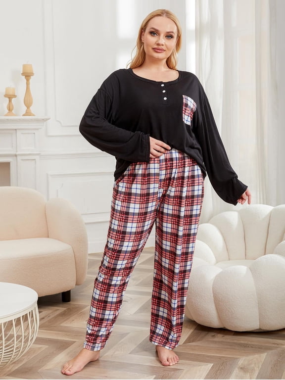 Plus Size Pajama Sets for Women 2 Piece Long Sleeve with Pockets Plaid Oversize Sleepwear, Sizes 1XL-2XL