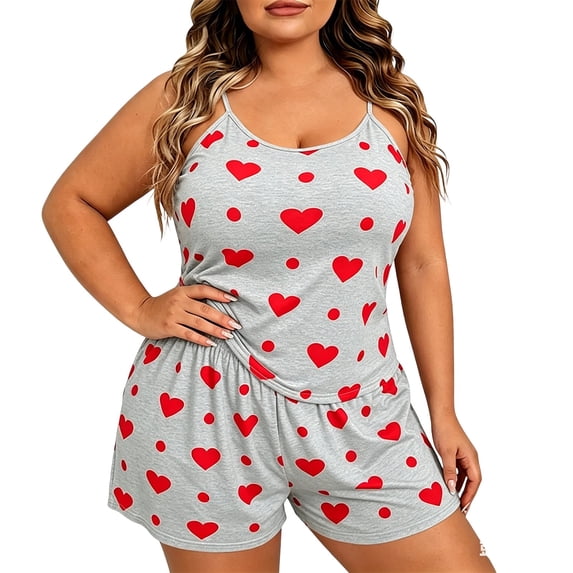 Women's Plus Size Pajama Set Cute Heart Print Sleepwear Cami Top and Shorts Loungewear