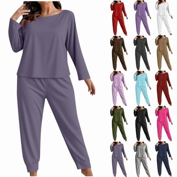 Women's Plus Size Pajama Set Qiggri Fashionable Solid Color Long Sleeved Pants Casual Home Suit Set Womens Sleepwear Loungewear
