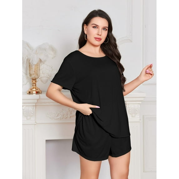 Women's Plus Size Pajama Set Round Neck Short Sleeve Tee and Shorts 2 Piece Oversize Soft Sleepwear PJ Set