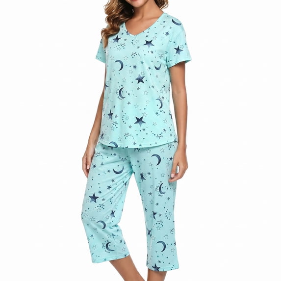 Women's Plus Size Pajama Set, Short Sleeve V-Neck Top & Capri Pants, Soft Knit Loungewear Sleepwear Set