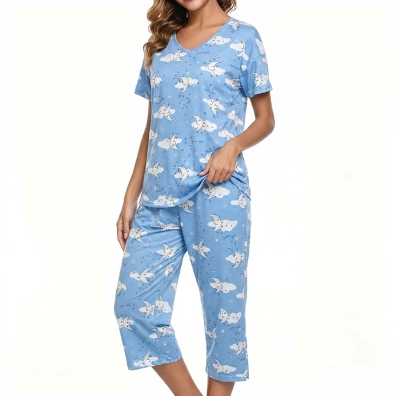 Women's Plus Size Pajama Set, Short Sleeve V-Neck Top & Capri Pants, Soft Knit Loungewear Sleepwear Set