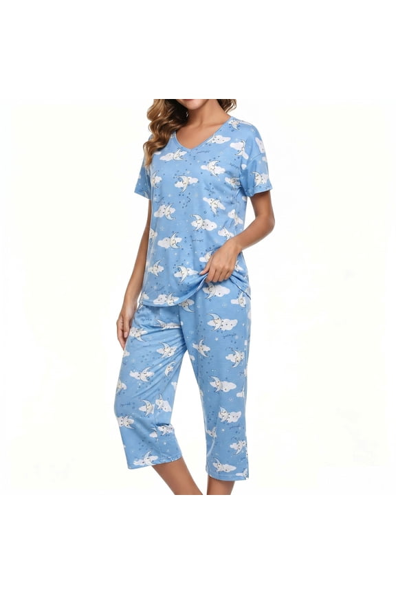 Women's Plus Size Pajama Set, Short Sleeve V-Neck Top & Capri Pants, Soft Knit Loungewear Sleepwear Set