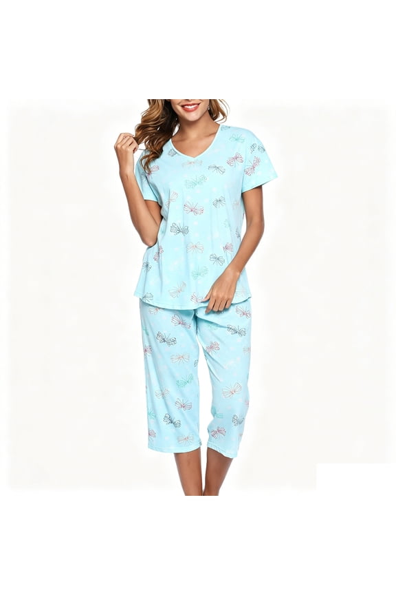 Women's Plus Size Pajama Set, Short Sleeve V-Neck Top & Capri Pants, Soft Knit Loungewear Sleepwear Set