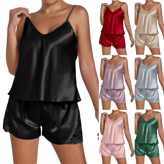 Women's Plus Size Pajama Set Short Strap Sleeveless Top & Shorts Solid Color Sexy Sleepwear Loungewear for Women Spring Summer Nightwear Green XL