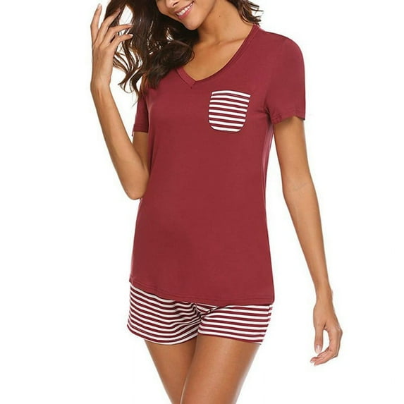 Women's Plus Size Pajama Set Striped Short Sleeve Pj Sets Sleepwear Set with Pockets