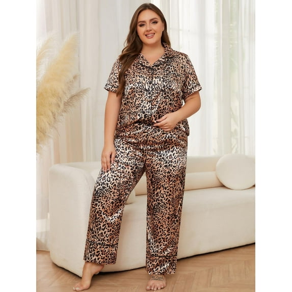ebukurty Plus Size Pajama Sets for Women 2 Piece V-neck Short Sleeve Leopard Sleepwear, 1XL