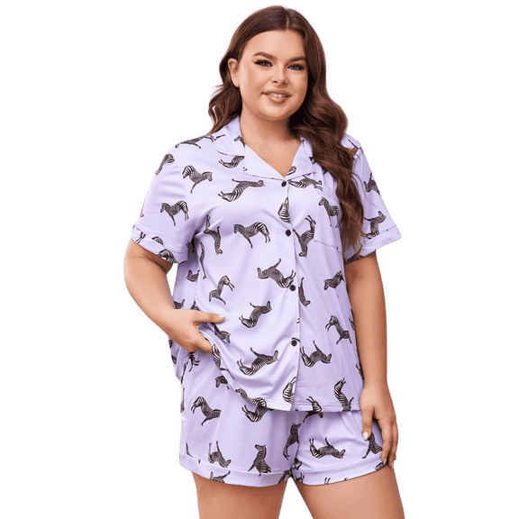 ebukurty Plus Size Pajama Sets for Women 2 Piece Button Short Sleeve Purple Pajamas, Sizes 1XL-4XL