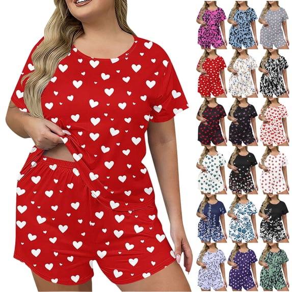 Women’s Plus Size Pajama Sets 2 Piece Ndbuld Women's Fashion Plus Size Printed Home Short Sleeved Top Pocket Shorts Pajama Set Red XXXXXL