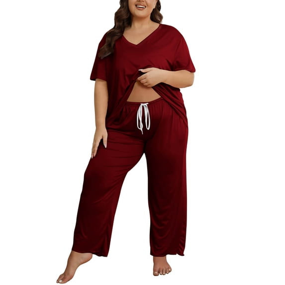 Women's Plus Size Pajama Sets 2 Piece Pjs Sets Short Sleeve Tops Solid Color V Neck Pjs Set Causal Soft Sleepwear Loungewear