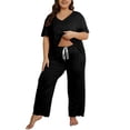 thumbnail image 1 of Women's Plus Size Pajama Sets 2 Piece Pjs Sets Short Sleeve Tops Solid Color V Neck Pjs Set Causal Soft Sleepwear Loungewear, 1 of 5