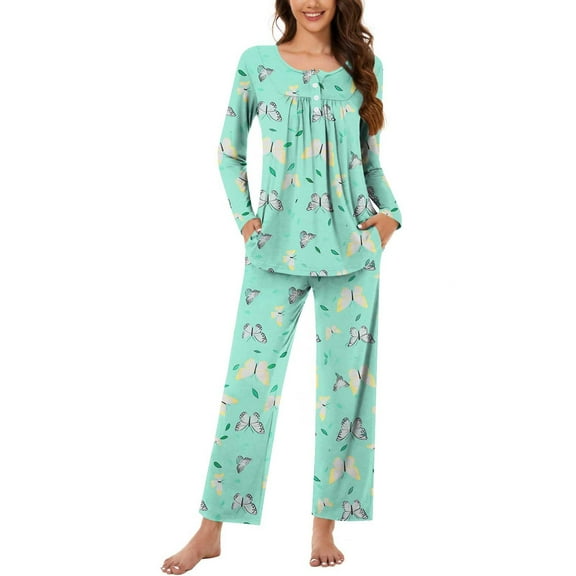 Women's Plus Size Pajama Sets Cotton Long Sleeve Sleepwear Soft Comfy Pj Lounge Sets Loungewear Blue A S