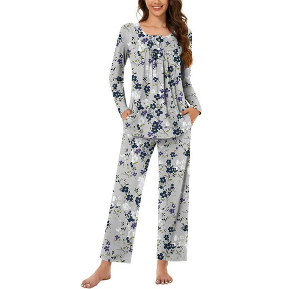 Women's Plus Size Pajama Sets Cotton Long Sleeve Sleepwear Soft Comfy Pj Lounge Sets Loungewear Gray L