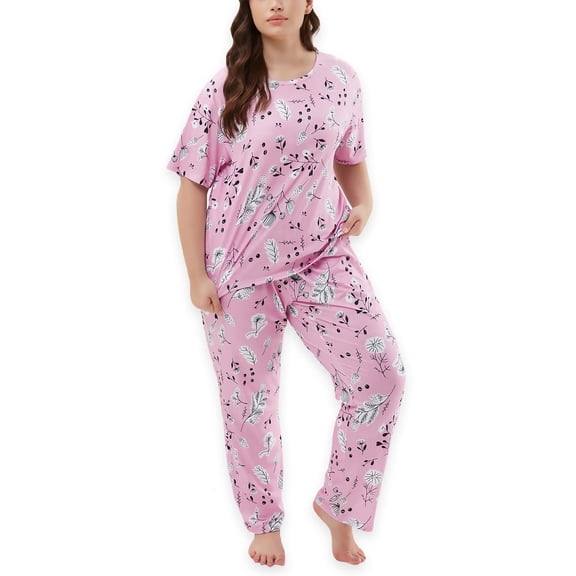 Women's Plus Size Pajama Sets Soft Short Sleeve Loungewear Sleepwear Top for Ladies 1XL