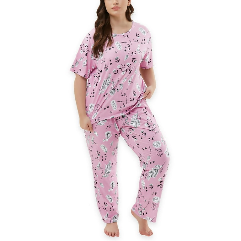 Women's Plus Size Pajama Sets For Lady Soft Short Sleeve Loungewear  Sleepwear Top With Soft Pants 5XL