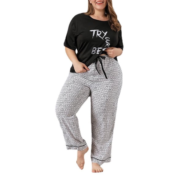 Women's Plus Size Pajamas 2 Piece Summer Casual V Neck Short Sleeve Tops Wide Leg Pants Sets Sleepwear Loungewear