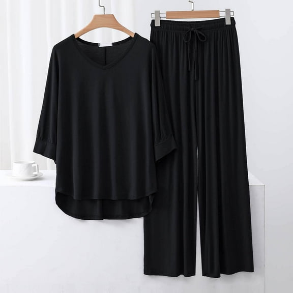 Women's Plus Size Pajamas New Women's V-Neck Summer Solid Color 3/4 Sleeve T-Shirt Lace Up Wide Leg Pants Home Wear Two-Piece Pajama Sets Black L