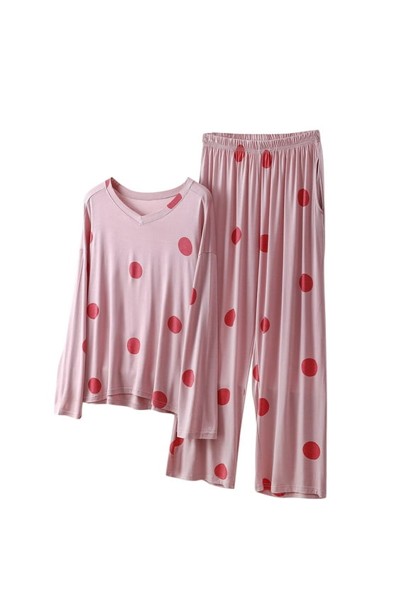Women's Plus Size Pajamas Set Long Sleeve Loungewear Top Polka-Dot Sleepwear Pant 2 Piece Lounge Sets