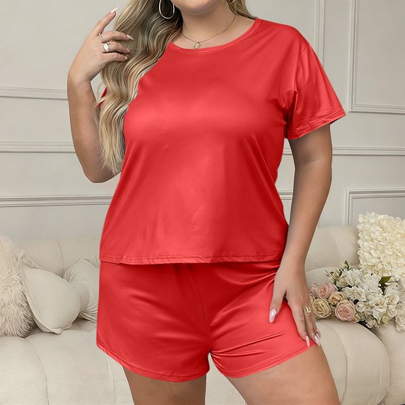 Women's Plus Size Pajamas Set Summer Crew Neck Short Sleeve Shirts Loose Shorts Cute Comfortable 2 Piece Pajama Sets Red XL-5XL