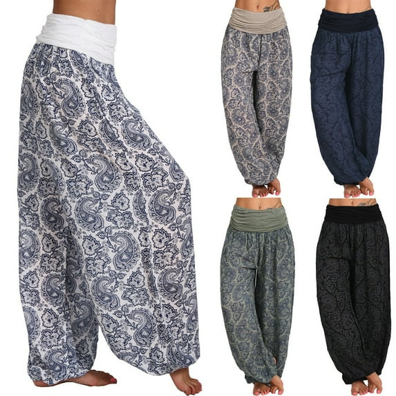 Women's Plus Size Pants Boho Casual Pants Women Button Harem Loose Leg Pants Pocket Wide Print Casual Pants Women White XL