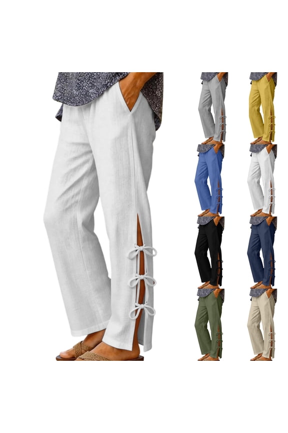 Women's Plus Size Pants Elastic Waist Side Slit Lace-Up Straight Leg Trousers Summer Casual Loose Pant With Pockets (XL, White)