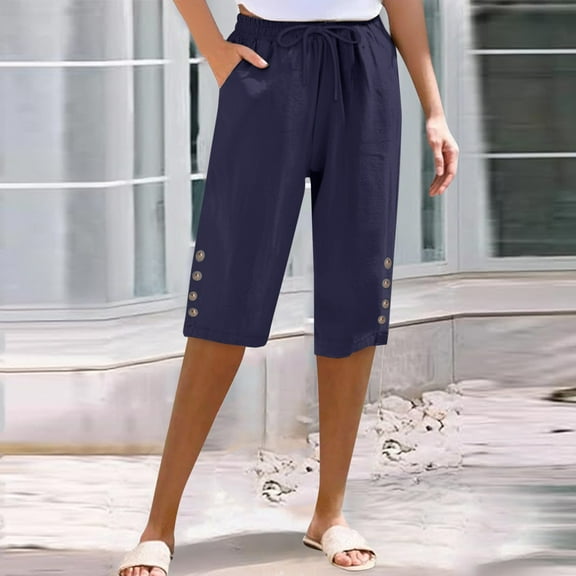 Women's Plus Size Pants Women'S Cotton And Linen Pocket Elastic Casual Pants Women'S Pants Five Quarter Pants,Blue Women's Plus Size Pants XXXL