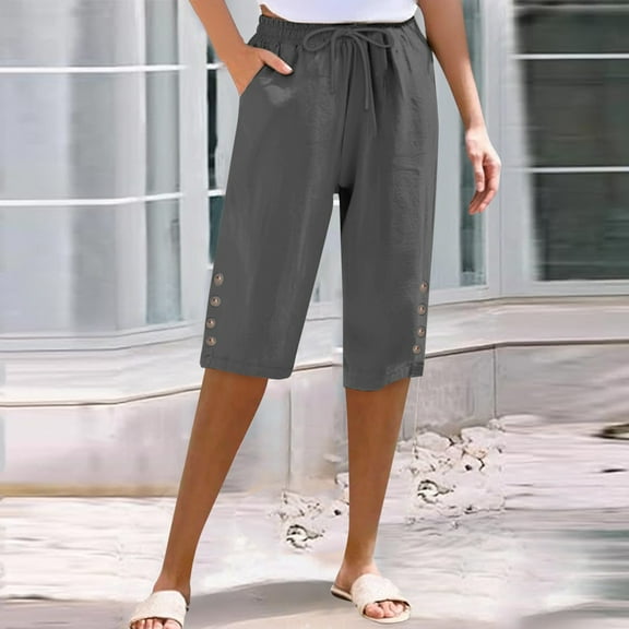 Women's Plus Size Pants Women'S Cotton And Linen Pocket Elastic Casual Pants Women'S Pants Five Quarter Pants,Gray Women's Plus Size Pants XXXL