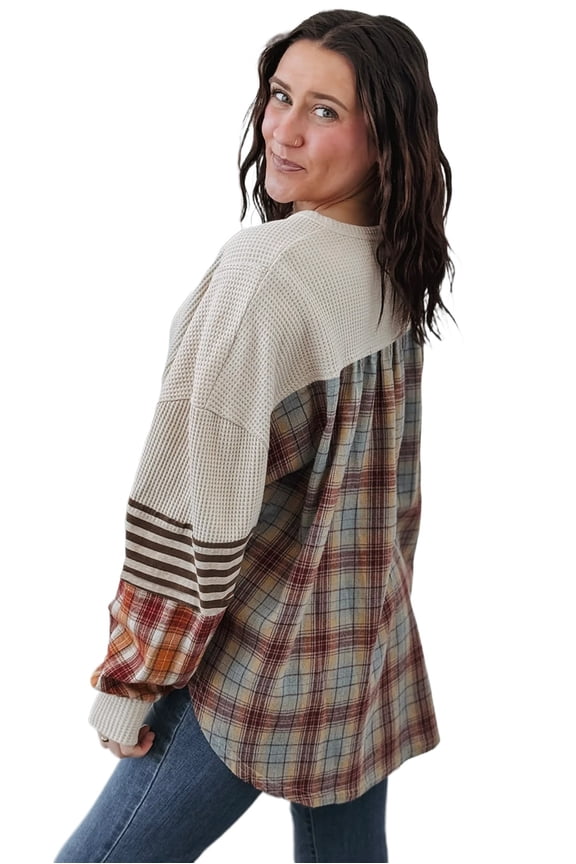 Women's Plus Size Parchment Waffle Colorblock Striped Plaid Patchwork Half Button Pullover | [ZhiHiMeRi] | (US 14W-16W)1X
