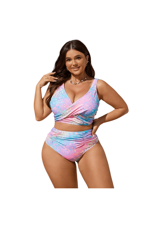 Women's Plus Size Pastel Tie Dye Leopard Wrap Bikini Two Piece Set, Wide Strap V Neck Ruched Crop Tankini Top & High Waist Side Ruched Tummy Control Bikini Brief, Curvy Full Support Bathing Suit for
