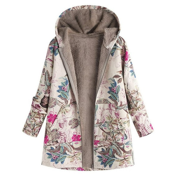 Women's Plus Size Patchwork Sherpa Fleece Lined Hooded Jacket Fluffy Winter Ethnic Style Warm Outwear with Pockets
