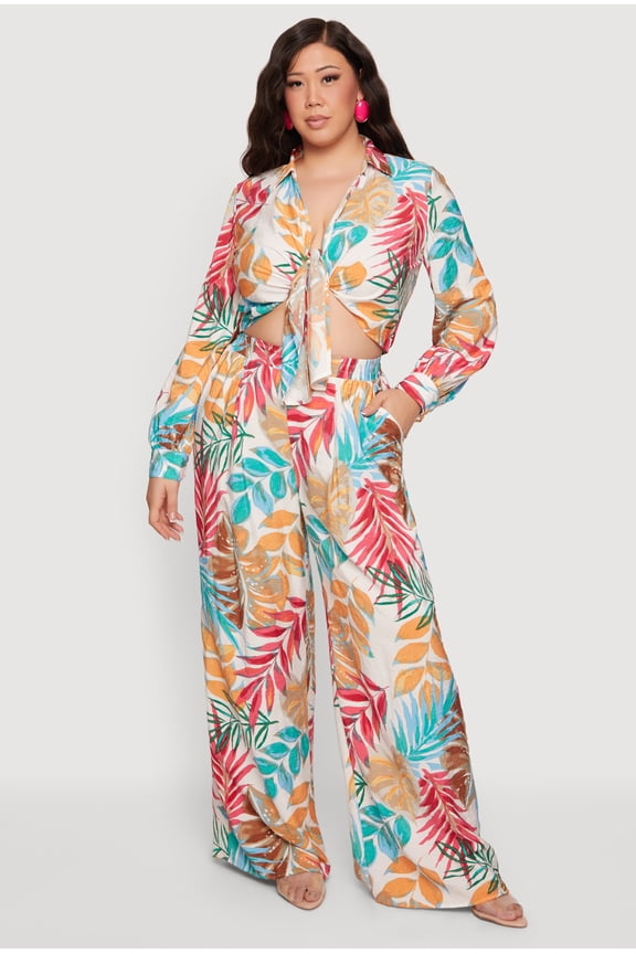Women's Plus Size Patterned Crepe Knit Wide Leg Pants