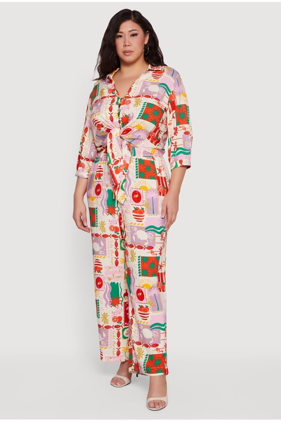 Women's Plus Size Patterned Drawstring Waist Wide Leg Pants