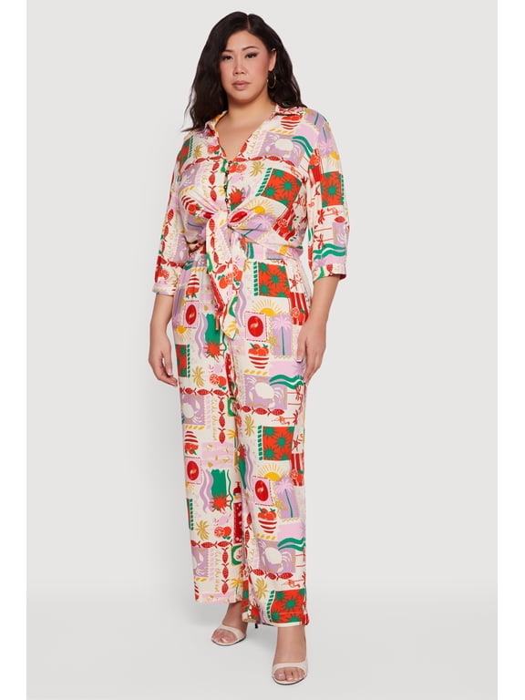 Women's Plus Size Patterned Drawstring Waist Wide Leg Pants