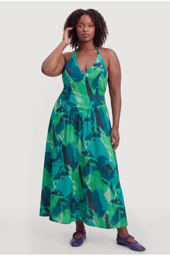 Women's Plus Size Patterned Halter Maxi Dress