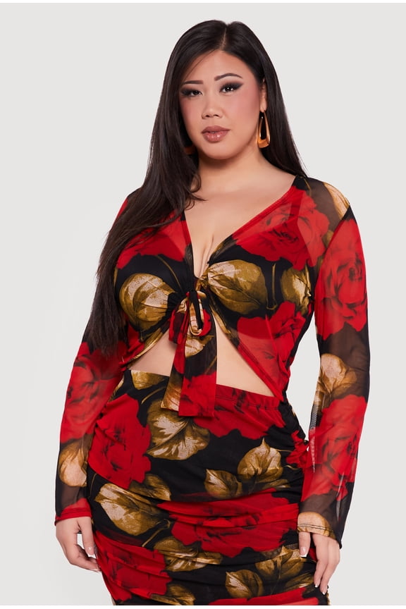 Women's Plus Size Patterned Long Sleeve Mesh Tie Front Crop Top