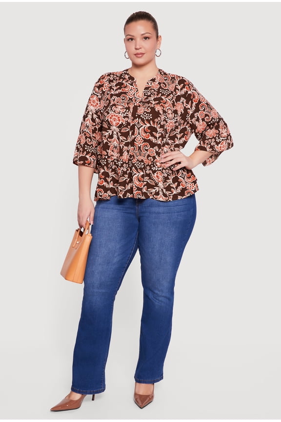 Women's Plus Size Patterned Notch Neck Blouse