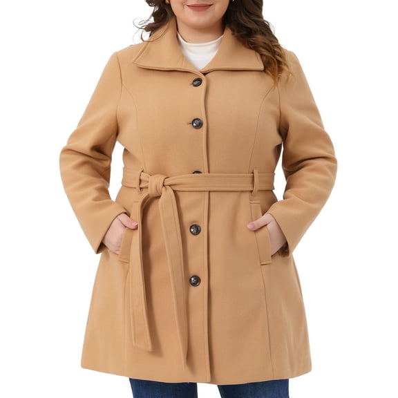 Agnes Orinda Women's Plus Size Pea Coat Single Breasted Overcoat Lapel Long Sleeves Belt Winter Outerwear with Pockets 3X Camel