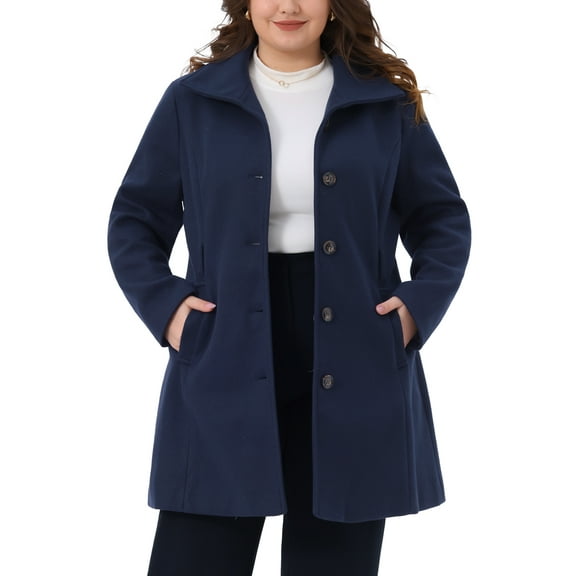 Agnes Orinda Women's Plus Size Pea Coat Single Breasted Overcoat Lapel Long Sleeves Belt Winter Outerwear with Pockets 3X Navy Blue