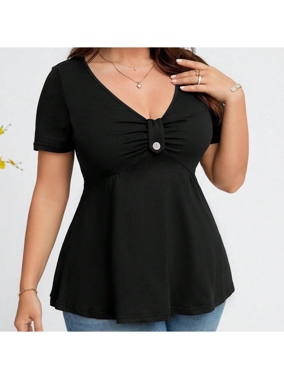Women's Plus Size Peplum Tops Casual Ruched Ruffle V Neck Low Cut Short Sleeve T Shirts Cute Tees Dressy Tops Wrap Shirt Short Sleeve Tunic Top Cute Blouse Going Out Tops For Women
