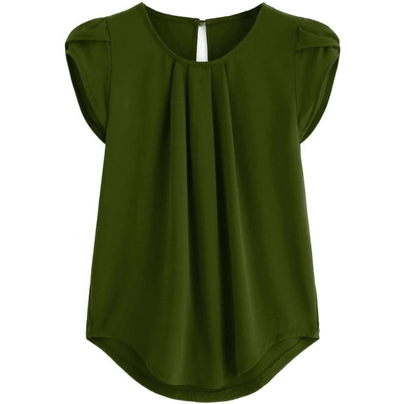 Women's Plus Size Petal Sleeve Blouse - Round Neck Keyhole Back Pleated Top | Yubnlvae | Plus Size Tops for Women Petal Sleeve Solid Color Blouse Curved (Green 1 | L)